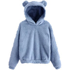 Winter Korean Fashion Bear Ears Cute Loose Hoodie Fluffy Hooded Warm Sweatshirt Long Sleeve Top Solid Pullover Clothes
