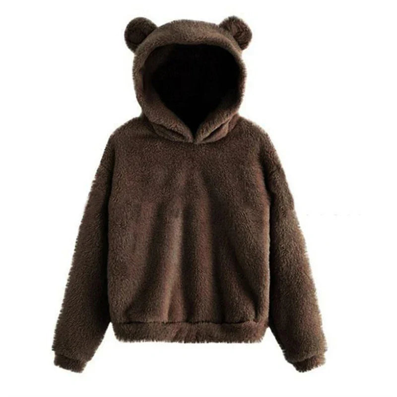 Winter Korean Fashion Bear Ears Cute Loose Hoodie Fluffy Hooded Warm Sweatshirt Long Sleeve Top Solid Pullover Clothes