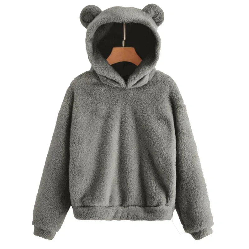 Winter Korean Fashion Bear Ears Cute Loose Hoodie Fluffy Hooded Warm Sweatshirt Long Sleeve Top Solid Pullover Clothes