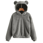 Winter Korean Fashion Bear Ears Cute Loose Hoodie Fluffy Hooded Warm Sweatshirt Long Sleeve Top Solid Pullover Clothes