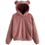 Winter Korean Fashion Bear Ears Cute Loose Hoodie Fluffy Hooded Warm Sweatshirt Long Sleeve Top Solid Pullover Clothes