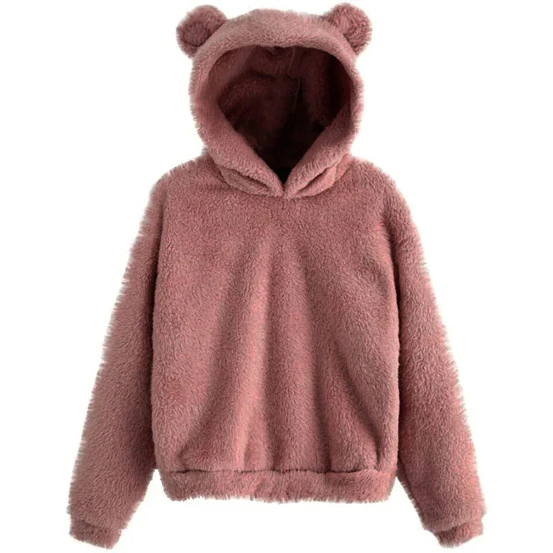 Winter Korean Fashion Bear Ears Cute Loose Hoodie Fluffy Hooded Warm Sweatshirt Long Sleeve Top Solid Pullover Clothes