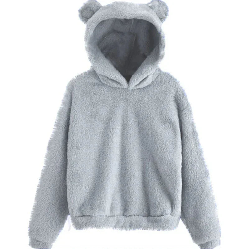 Winter Korean Fashion Bear Ears Cute Loose Hoodie Fluffy Hooded Warm Sweatshirt Long Sleeve Top Solid Pullover Clothes