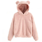 Winter Korean Fashion Bear Ears Cute Loose Hoodie Fluffy Hooded Warm Sweatshirt Long Sleeve Top Solid Pullover Clothes