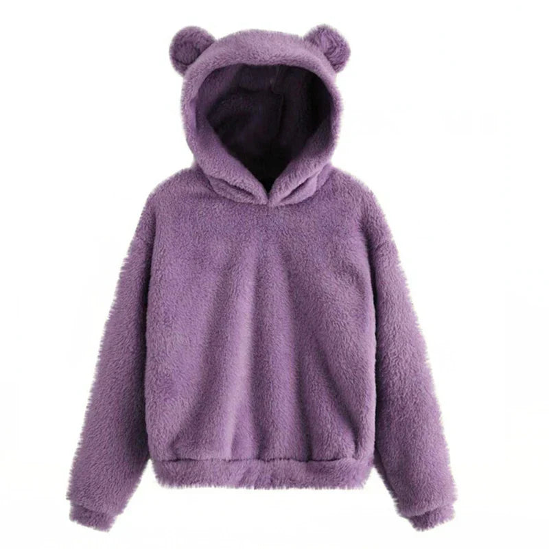 Winter Korean Fashion Bear Ears Cute Loose Hoodie Fluffy Hooded Warm Sweatshirt Long Sleeve Top Solid Pullover Clothes