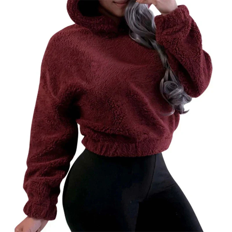 Winter Korean Fashion Bear Ears Cute Loose Hoodie Fluffy Hooded Warm Sweatshirt Long Sleeve Top Solid Pullover Clothes