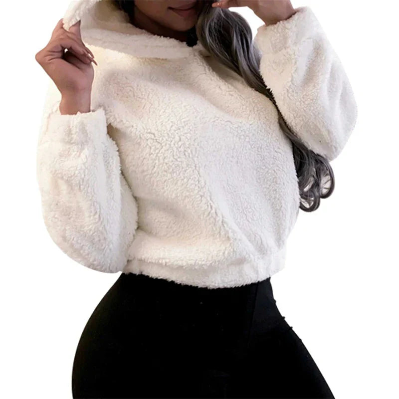 Winter Korean Fashion Bear Ears Cute Loose Hoodie Fluffy Hooded Warm Sweatshirt Long Sleeve Top Solid Pullover Clothes