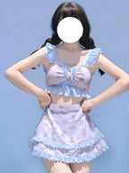 Cute Bear Print Lolita Sle Women’s Bikini Swimsuit Separate Swimwear Polyester Nylon Material Square Collar with Chest