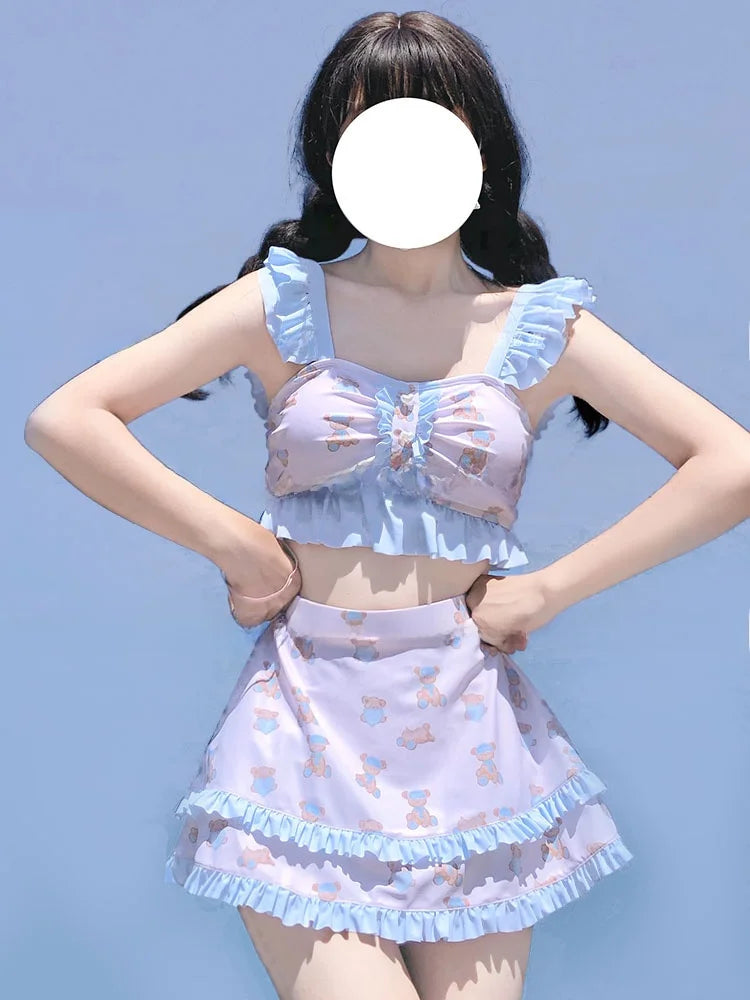 Cute Bear Print Lolita Sle Women’s Bikini Swimsuit Separate Swimwear Polyester Nylon Material Square Collar with Chest