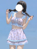 Cute Bear Print Lolita Sle Women’s Bikini Swimsuit Separate Swimwear Polyester Nylon Material Square Collar with Chest