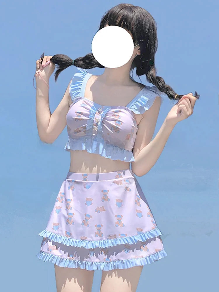 Cute Bear Print Lolita Sle Women’s Bikini Swimsuit Separate Swimwear Polyester Nylon Material Square Collar with Chest