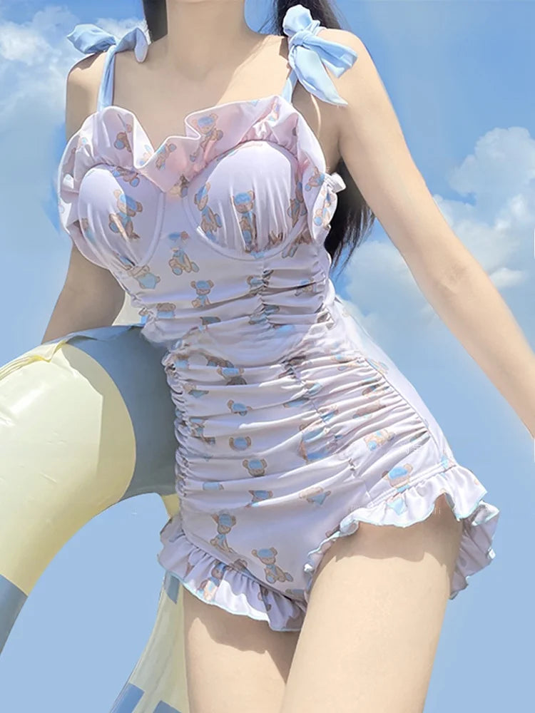 Cute Bear Print Lolita Sle Women’s Bikini Swimsuit Separate Swimwear Polyester Nylon Material Square Collar with Chest