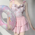 Cute Bear Print Lolita Sle Women’s Bikini Swimsuit Separate Swimwear Polyester Nylon Material Square Collar with Chest