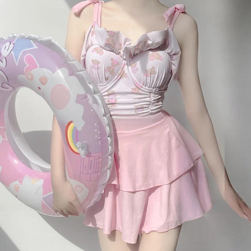 Cute Bear Print Lolita Sle Women’s Bikini Swimsuit Separate Swimwear Polyester Nylon Material Square Collar with Chest