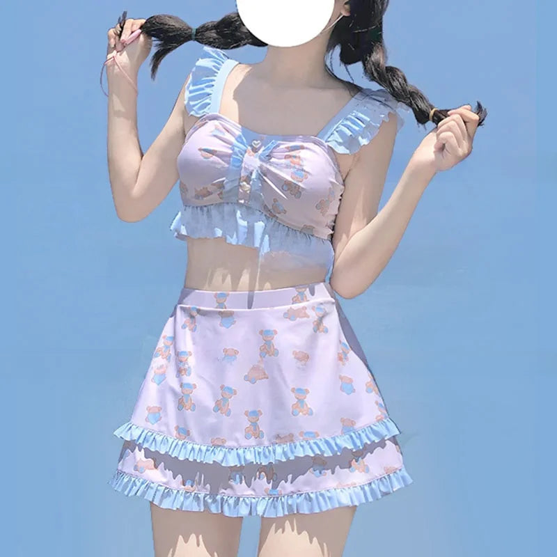 Cute Bear Print Lolita Sle Women’s Bikini Swimsuit Separate Swimwear Polyester Nylon Material Square Collar with Chest