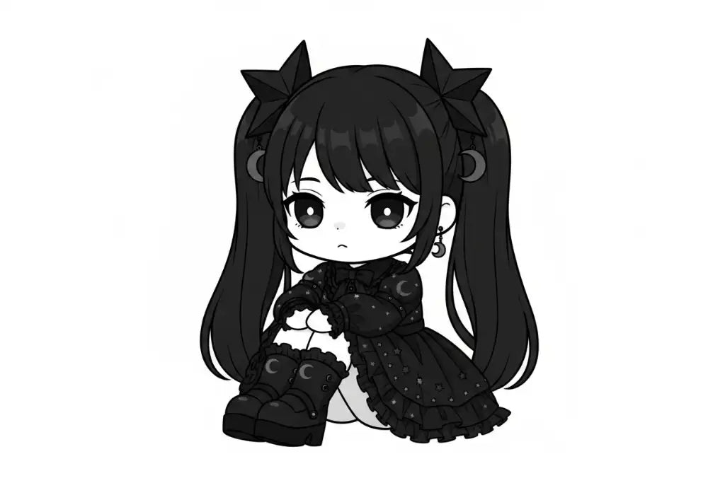 Black chibi anime girl with star-shaped hair accessories and moon-patterned dress