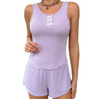 Summer New Vest Shorts Pajamas Women’s Suit European and American Style Solid Color Round Neck Bow Sexy Leaky Back Home
