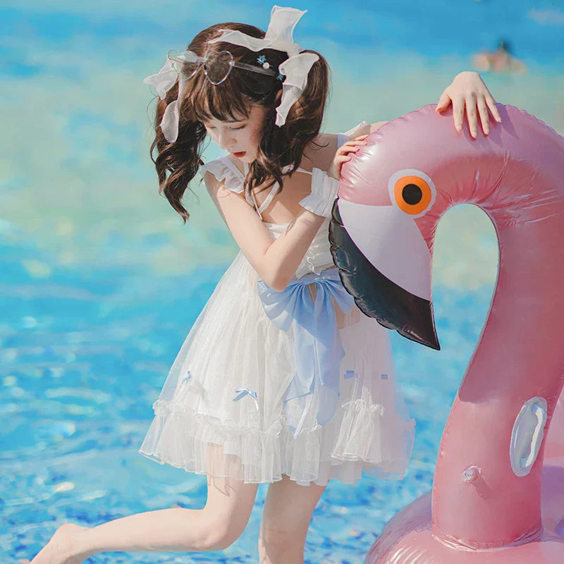 2025 Summer New Sweet Girls Lolita Split Swimsuit Cute Bow Kawaii Student Swimwear Women Y2k One-piece Bathing Suit