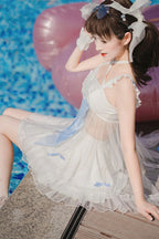 2025 Summer New Sweet Girls Lolita Split Swimsuit Cute Bow Kawaii Student Swimwear Women Y2k One-piece Bathing Suit