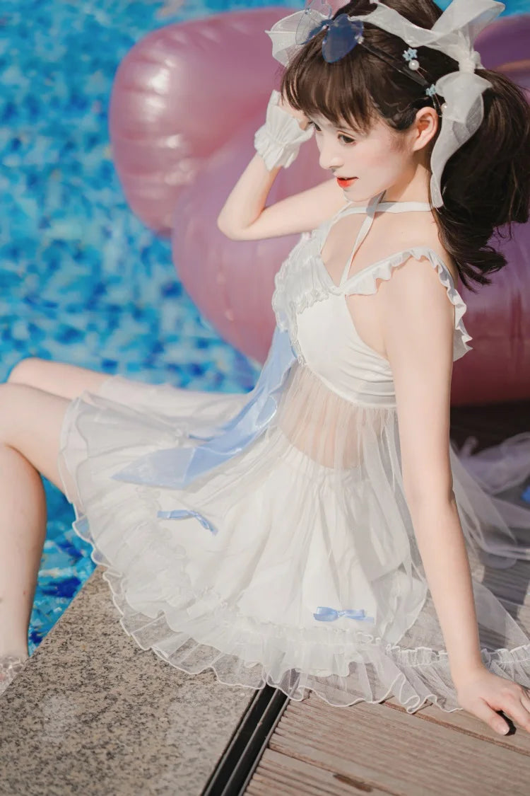 2025 Summer New Sweet Girls Lolita Split Swimsuit Cute Bow Kawaii Student Swimwear Women Y2k One-piece Bathing Suit