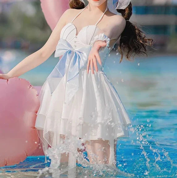 2025 Summer New Sweet Girls Lolita Split Swimsuit Cute Bow Kawaii Student Swimwear Women Y2k One-piece Bathing Suit