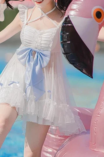 2025 Summer New Sweet Girls Lolita Split Swimsuit Cute Bow Kawaii Student Swimwear Women Y2k One-piece Bathing Suit