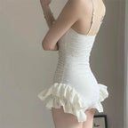 Sweet White Bow Ruffled Korean Fashion Swimwear Conservative One Piece Swimsuit Emboss Bathing Suit Holiday Beach Wear