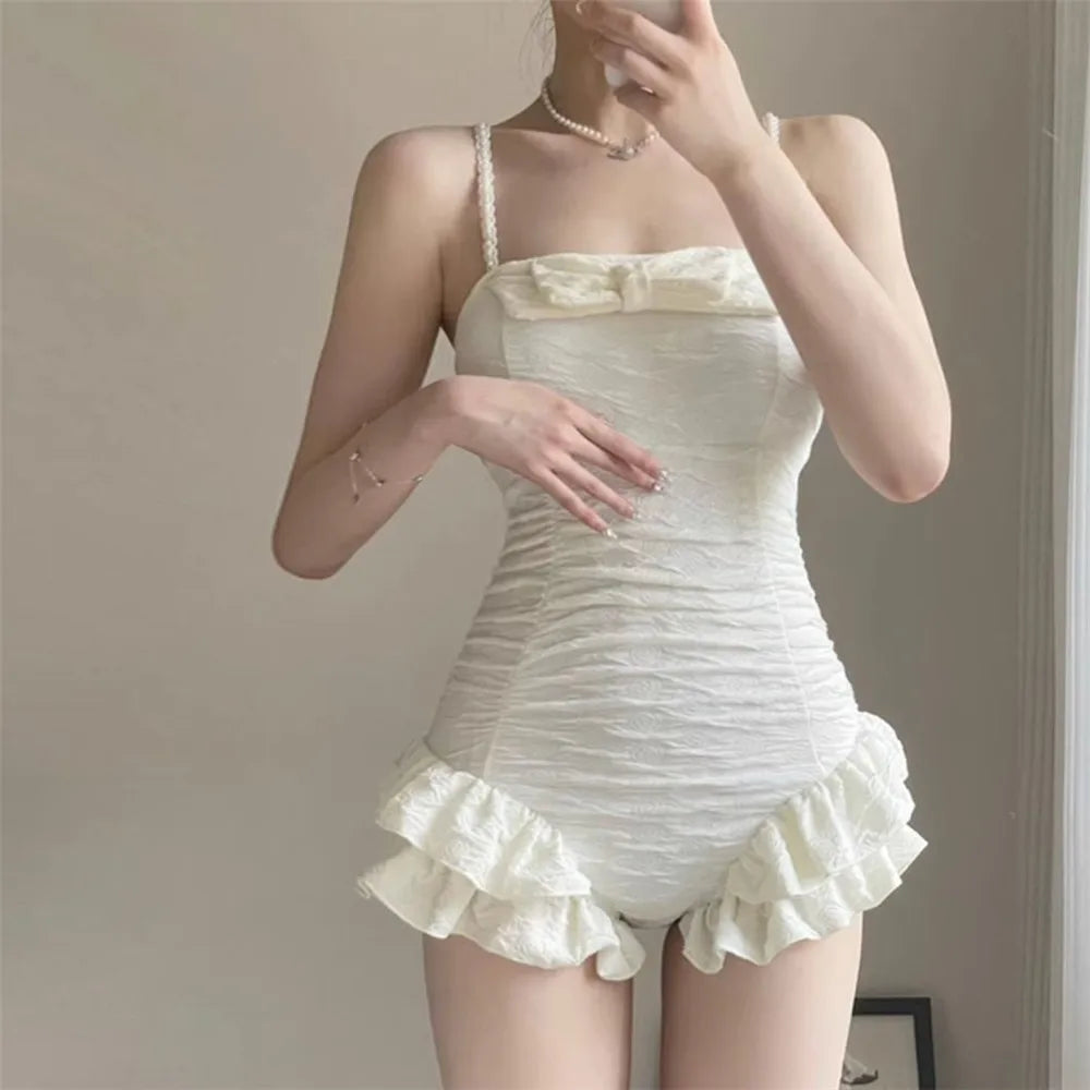 Sweet White Bow Ruffled Korean Fashion Swimwear Conservative One Piece Swimsuit Emboss Bathing Suit Holiday Beach Wear