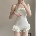 Sweet White Bow Ruffled Korean Fashion Swimwear Conservative One Piece Swimsuit Emboss Bathing Suit Holiday Beach Wear