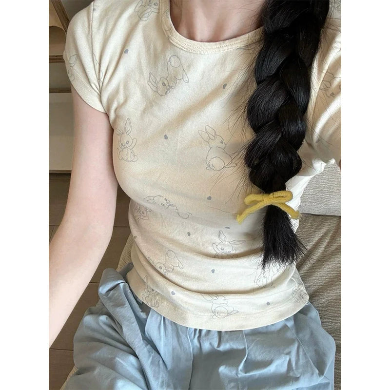 Milky Bunny Slim Summer Short-Sleeve Tee - kawaii-inspired outfit in pastel colors - 56453138