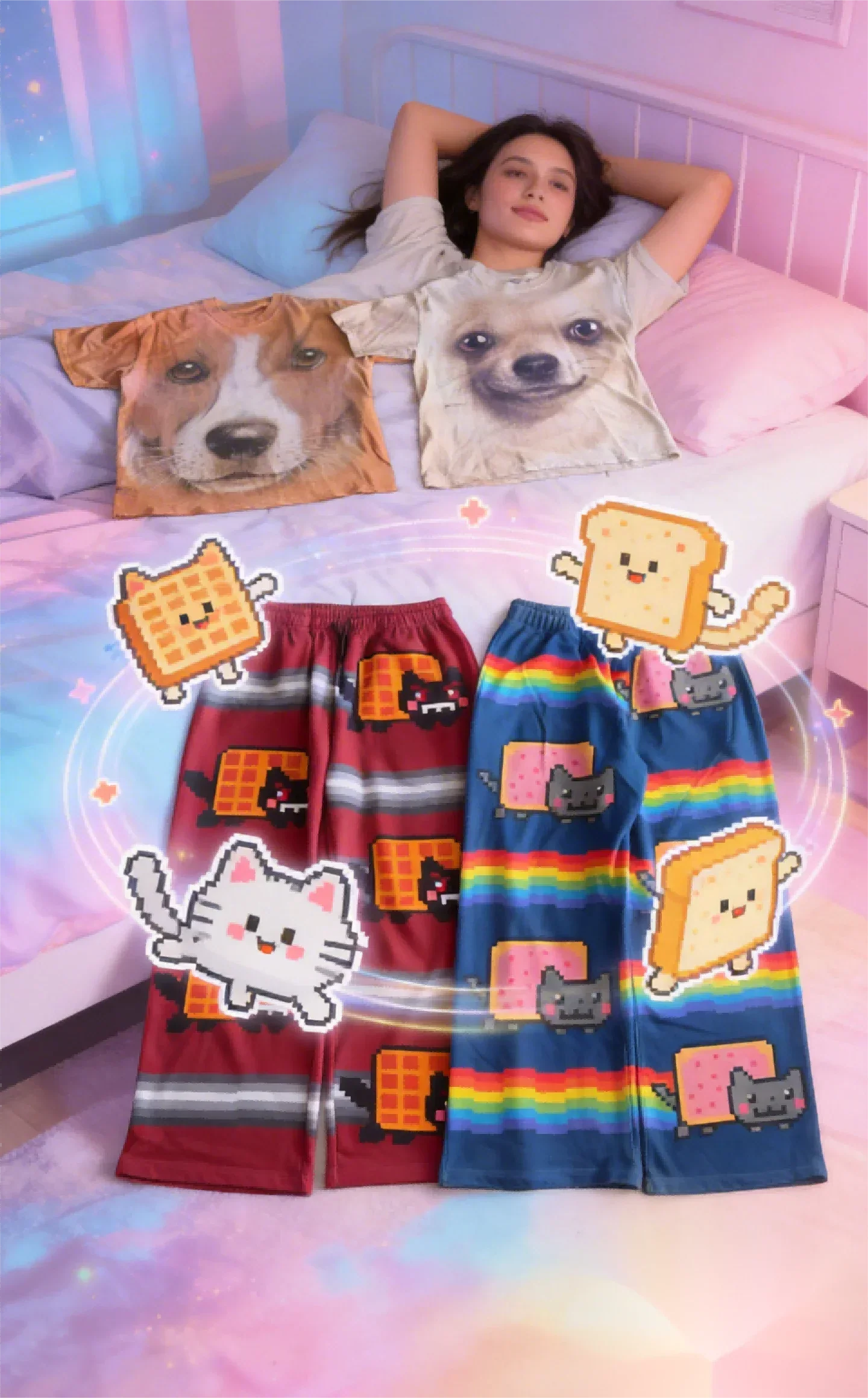 Hip Hop Cartoon Cat Pink Men Women Casual Pants Y2k Harajuku Loose Drawstring Jogging Pants Family Trousers Street