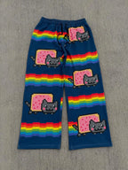 Hip Hop Cartoon Cat Pink Men Women Casual Pants Y2k Harajuku Loose Drawstring Jogging Pants Family Trousers Street
