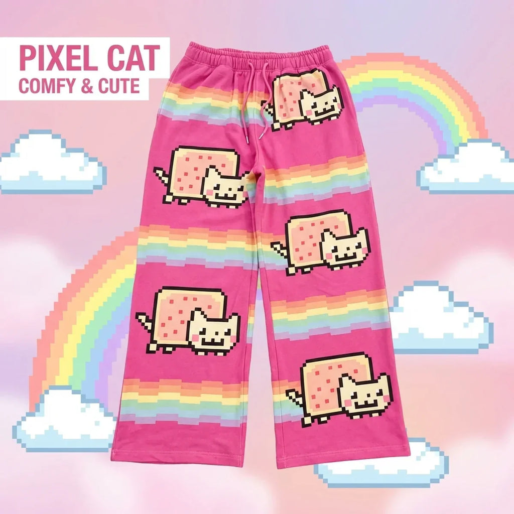 Hip Hop Cartoon Cat Pink Men Women Casual Pants Y2k Harajuku Loose Drawstring Jogging Pants Family Trousers Street