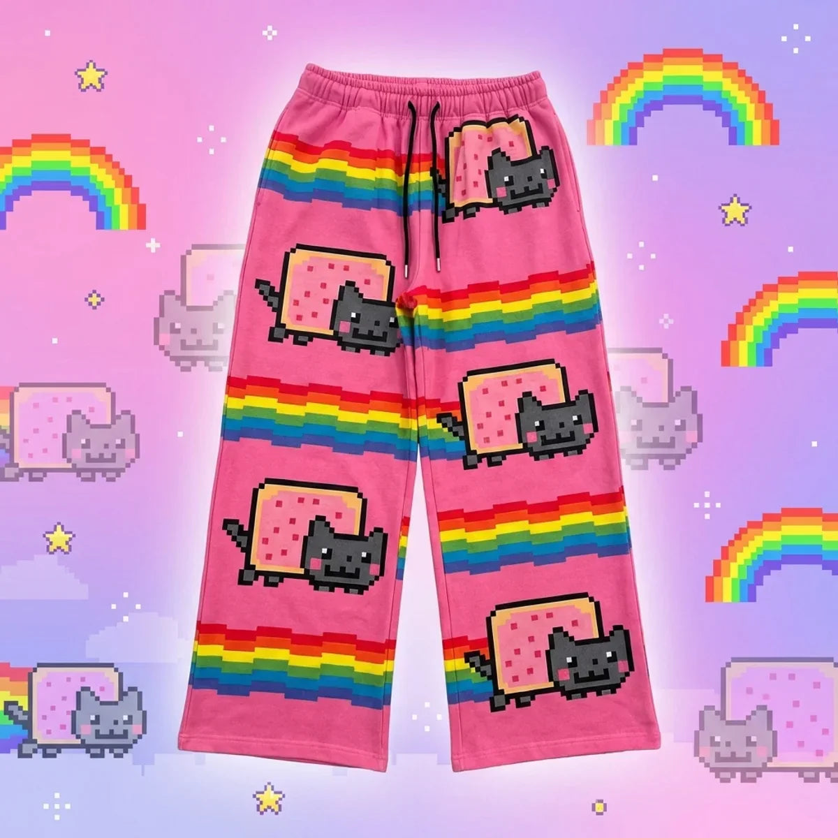 Hip Hop Cartoon Cat Pink Men Women Casual Pants Y2k Harajuku Loose Drawstring Jogging Pants Family Trousers Street