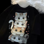 Cute Cartoon Cat Print Women’s Round Neck Short Sleeved T-shirt Casual Loose Versatile Summer Tshirt - Black / M