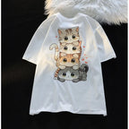 Cute Cartoon Cat Print Women’s Round Neck Short Sleeved T-shirt Casual Loose Versatile Summer Tshirt