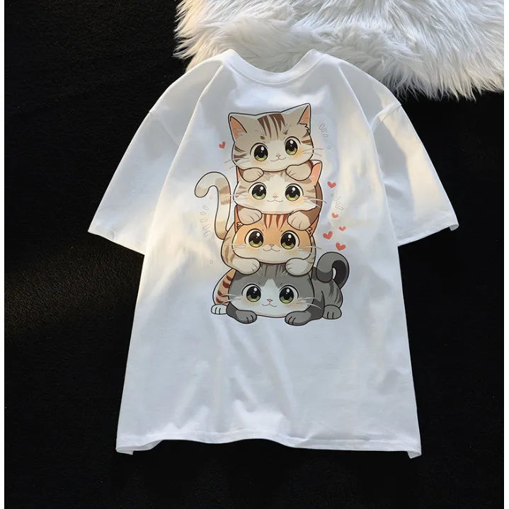 Cute Cartoon Cat Print Women’s Round Neck Short Sleeved T-shirt Casual Loose Versatile Summer Tshirt