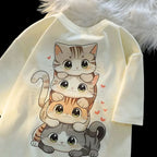 Cute Cartoon Cat Print Women’s Round Neck Short Sleeved T-shirt Casual Loose Versatile Summer Tshirt - Khaki / M