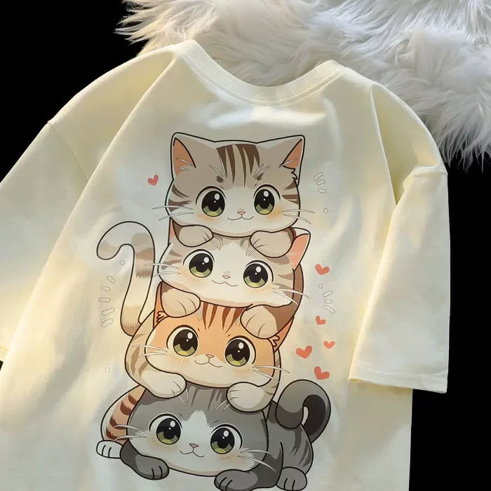 Cute Cartoon Cat Print Women’s Round Neck Short Sleeved T-shirt Casual Loose Versatile Summer Tshirt - Khaki / M