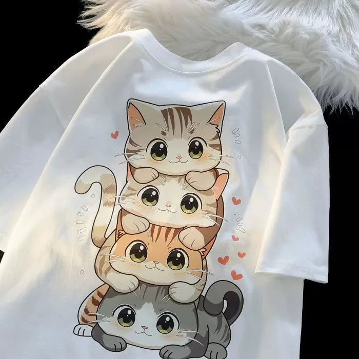 Cute Cartoon Cat Print Women’s Round Neck Short Sleeved T-shirt Casual Loose Versatile Summer Tshirt - White / XXXL