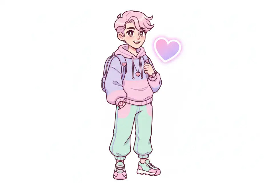 A cartoon character wearing a pastel pink and lavender hoodie with heart details, light mint green pants, and matching sneakers.