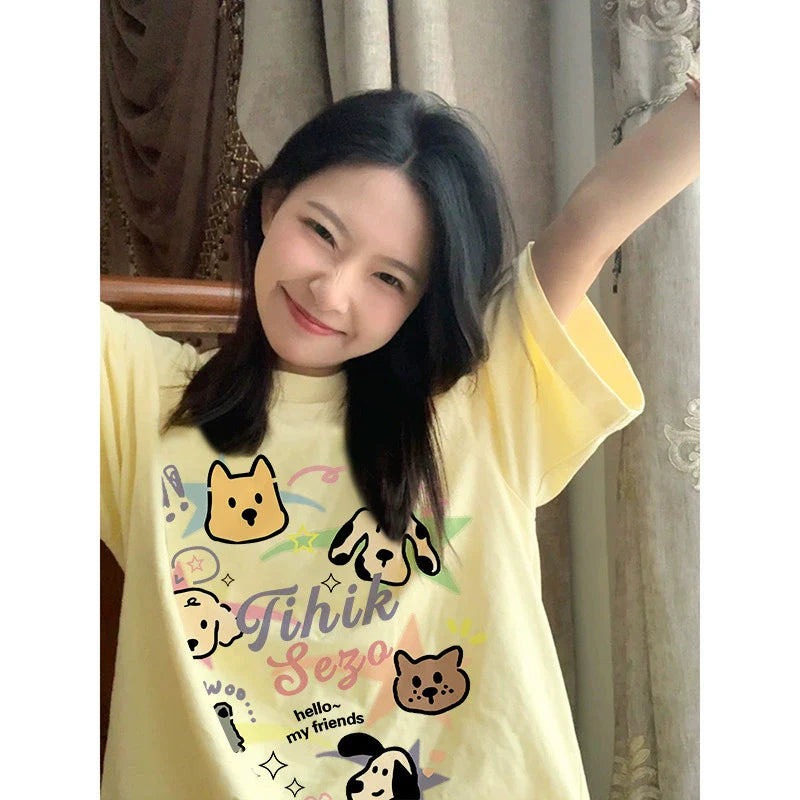 Creamy Cartoon Dog Graphic Tee - kawaii-inspired outfit in pastel colors - 45422555