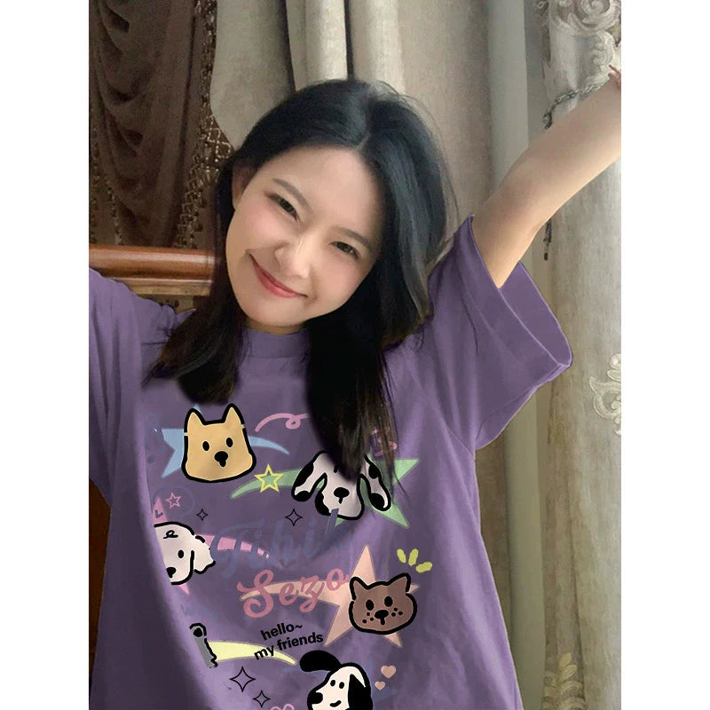 Creamy Cartoon Dog Graphic Tee - kawaii-inspired outfit in pastel colors - 31473480