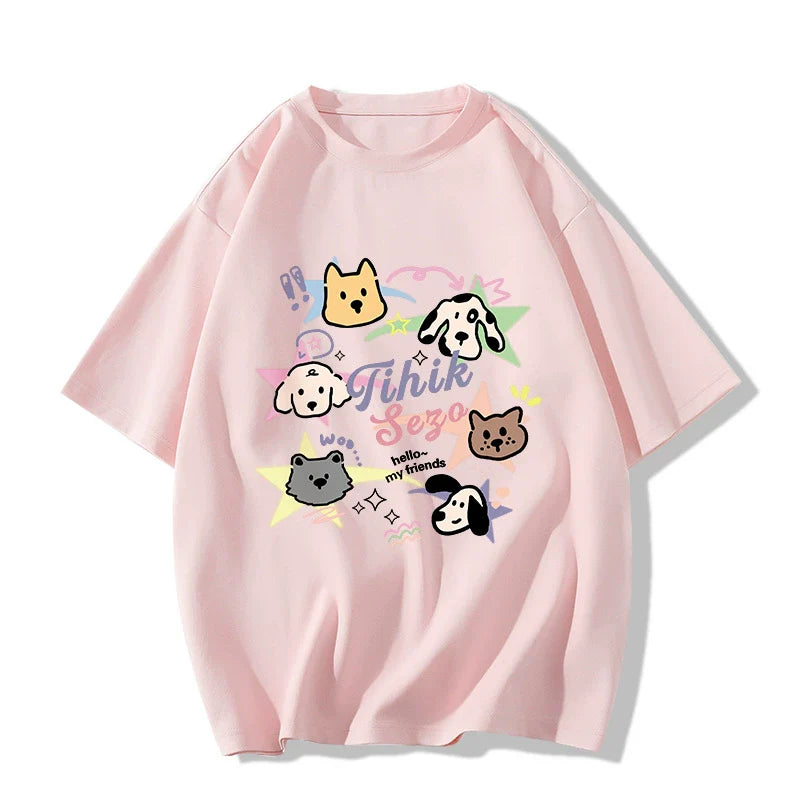 Creamy Cartoon Dog Graphic Tee - kawaii-inspired outfit in pastel colors - 65346011