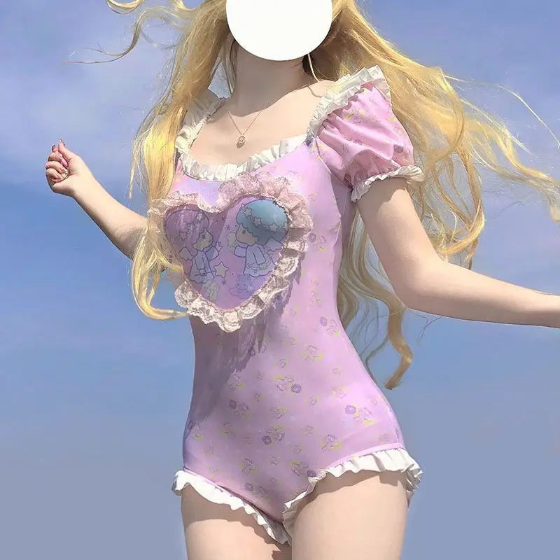 Large Size Sanrios Cute Sweet Swimsuit Girls Littletwinstars Cartoon Print Patchwork Puff Sleeve Jumpsuit Suits Lolita