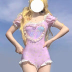 Large Size Sanrios Cute Sweet Swimsuit Girls Littletwinstars Cartoon Print Patchwork Puff Sleeve Jumpsuit Suits Lolita