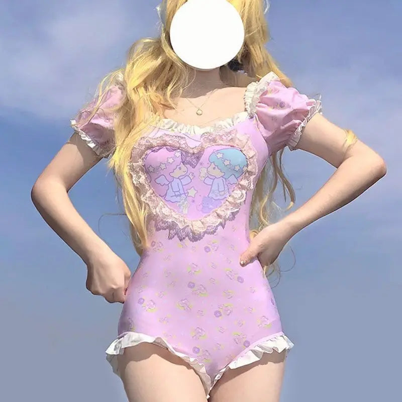 Large Size Sanrios Cute Sweet Swimsuit Girls Littletwinstars Cartoon Print Patchwork Puff Sleeve Jumpsuit Suits Lolita