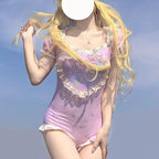 Large Size Sanrios Cute Sweet Swimsuit Girls Littletwinstars Cartoon Print Patchwork Puff Sleeve Jumpsuit Suits Lolita