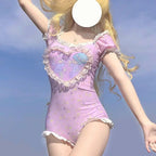 Large Size Sanrios Cute Sweet Swimsuit Girls Littletwinstars Cartoon Print Patchwork Puff Sleeve Jumpsuit Suits Lolita