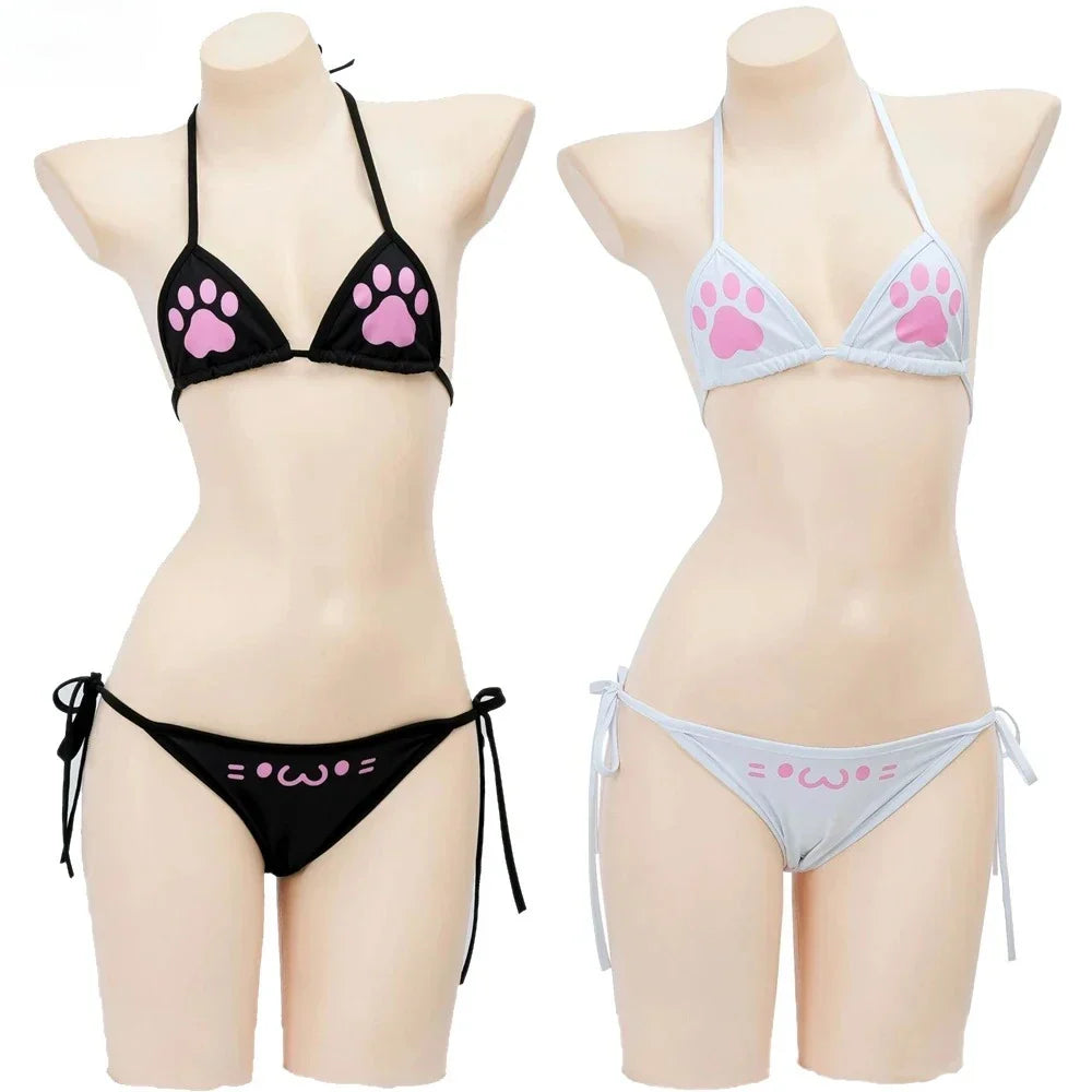 Anime Kawaii Girl Cute Cat Paw Bikini Swimsuit Women Claw Pattern Three Point Underwear Set Costume Cosplay